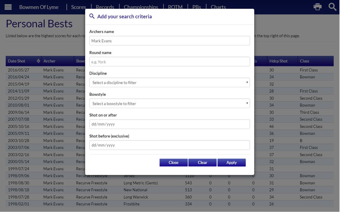 Screenshot of the Personal Bests feature in www.archeryrecords.co.uk